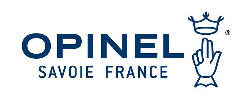Opinel logo featuring the Savoie France region and a stylised hand holding a crown, representing qua.