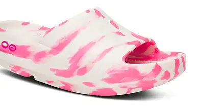 Pink and white tie-dye style slide sandal for women.