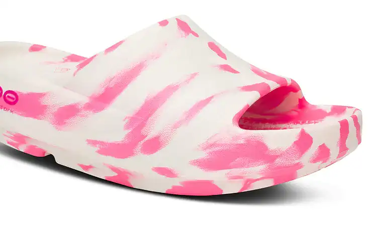 Pink and white tie-dye style slide sandal for women.