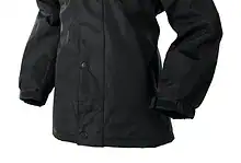 Black waterproof outdoor jacket for hiking and outdoor activities.