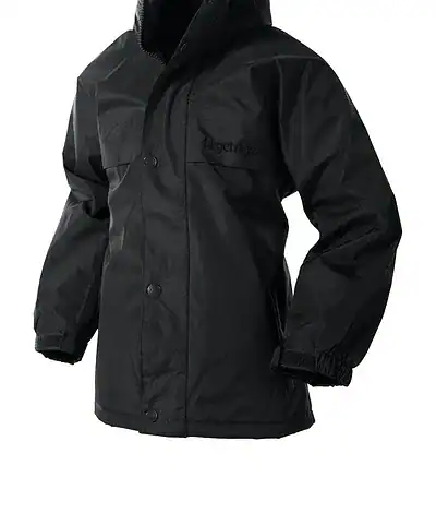 Black waterproof outdoor jacket for hiking and outdoor activities.