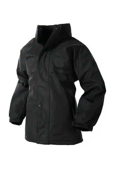 Black waterproof outdoor jacket for hiking and outdoor activities.