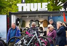 Durable outdoor backpacks and cycling gear displayed at Thule Sweden booth.