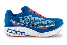 Blue Topo Men's Atmos 2 London running shoe with red laces and cityscape design.