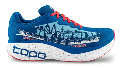 Blue Topo Men's Atmos 2 London running shoe with red laces and cityscape design.