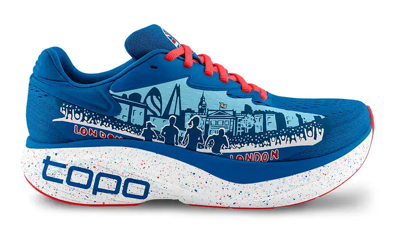 Blue Topo Men's Atmos 2 London running shoe with red laces and cityscape design.
