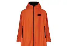 Bright orange waterproof outdoor coat with black accents and hood, ideal for hiking and outdoor adve.