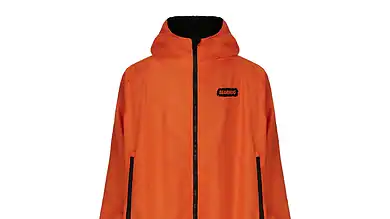 Bright orange waterproof outdoor coat with black accents and hood, ideal for hiking and outdoor adve.
