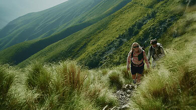 Hikers trekking through lush green mountain landscape in outdoor adventure setting.