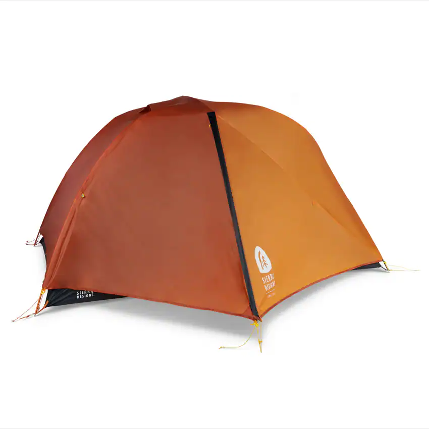 Orange lightweight camping tent for outdoor adventures and hiking trips.