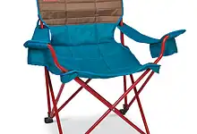 Folding camping chair with blue fabric and red frame, ideal for outdoor adventures and camping trips.