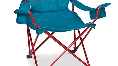 Folding camping chair with blue fabric and red frame, ideal for outdoor adventures and camping trips.