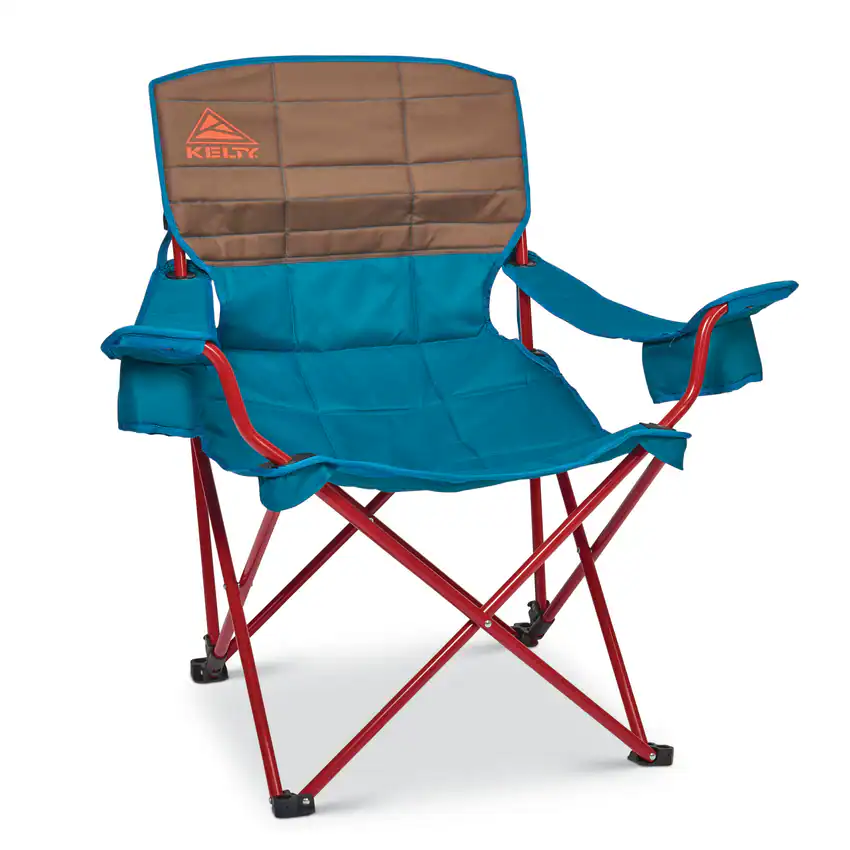 Folding camping chair with blue fabric and red frame, ideal for outdoor adventures and camping trips.