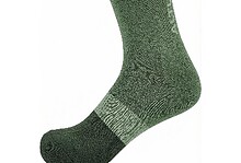 Green and black outdoor hiking sock with moisture-wicking fabric.