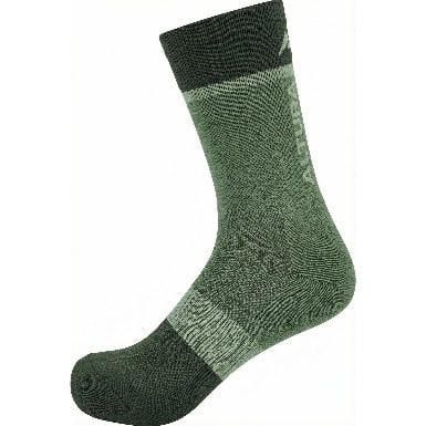 Green and black outdoor hiking sock with moisture-wicking fabric.