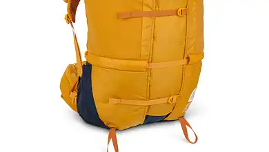 Bright yellow outdoor hiking backpack with multiple compartments and adjustable straps for camping a.