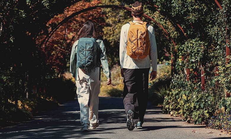 Hikers walking through a lush, green archway on a trail in autumn.