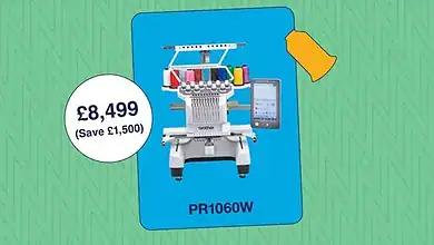 PR1060W embroidery machine with touchscreen and accessories.