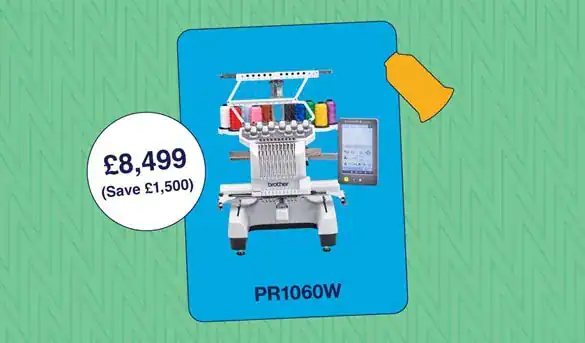 PR1060W embroidery machine with touchscreen and accessories.