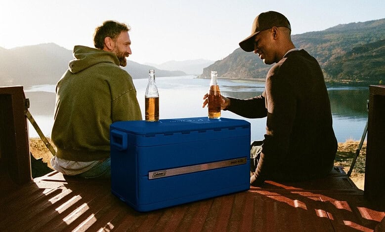 Two men enjoying a picnic by a lake with scenic mountain views.