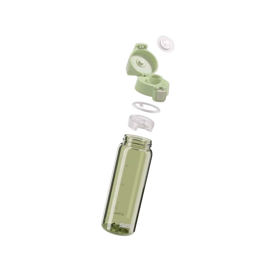 Green reusable water bottle with a flip-top lid and straw, isolated on white.