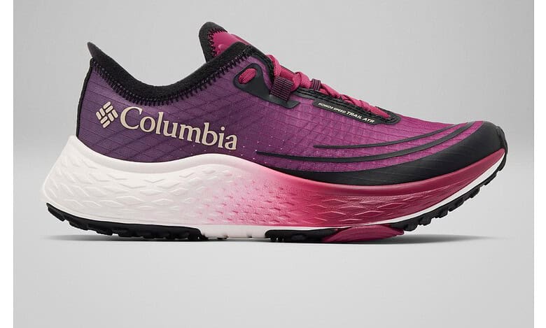 Columbia running shoe in purple and pink with black sole for outdoor running.