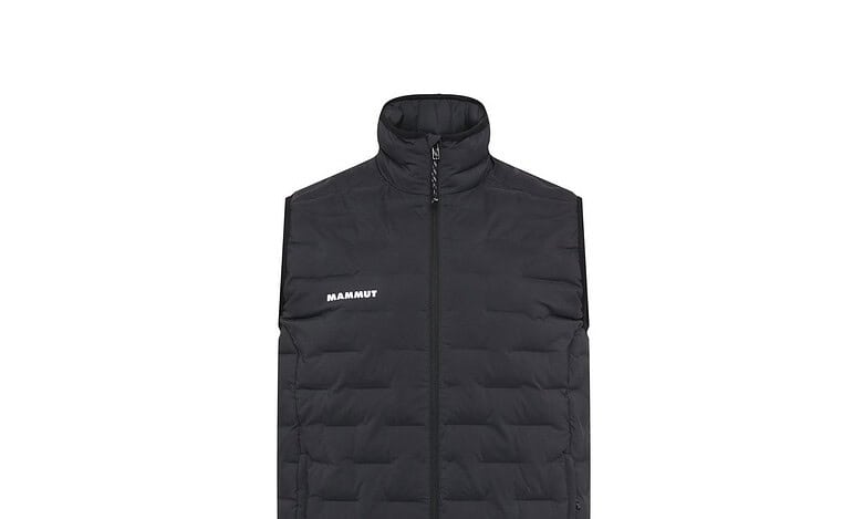 Black Mammut outdoor insulation vest with zip closure and high collar.