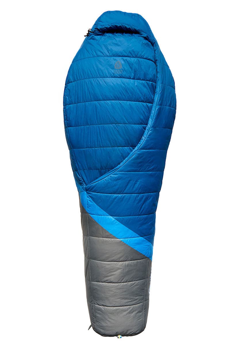 Blue and grey insulated sleeping bag for outdoor camping and hiking.